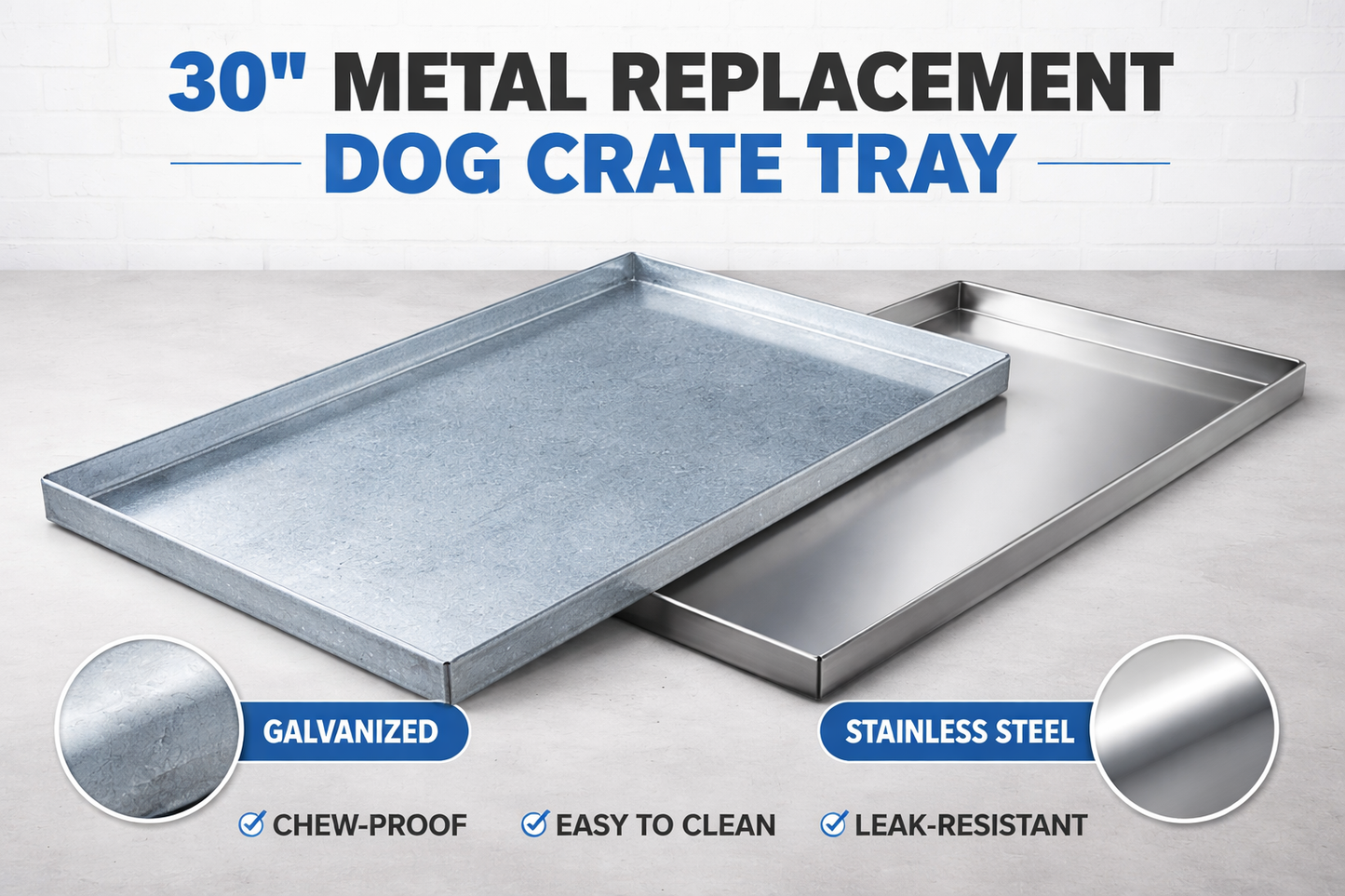 Chew-proof 30-inch metal replacement pan for medium dog crates