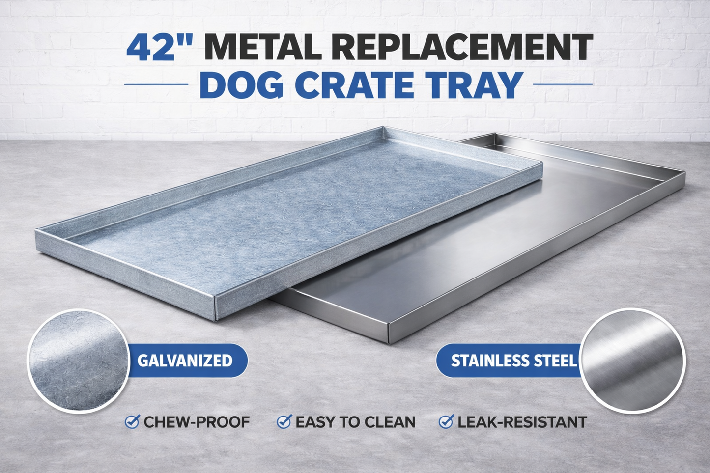 Durable 42-inch stainless steel dog crate bottom pan made in USA